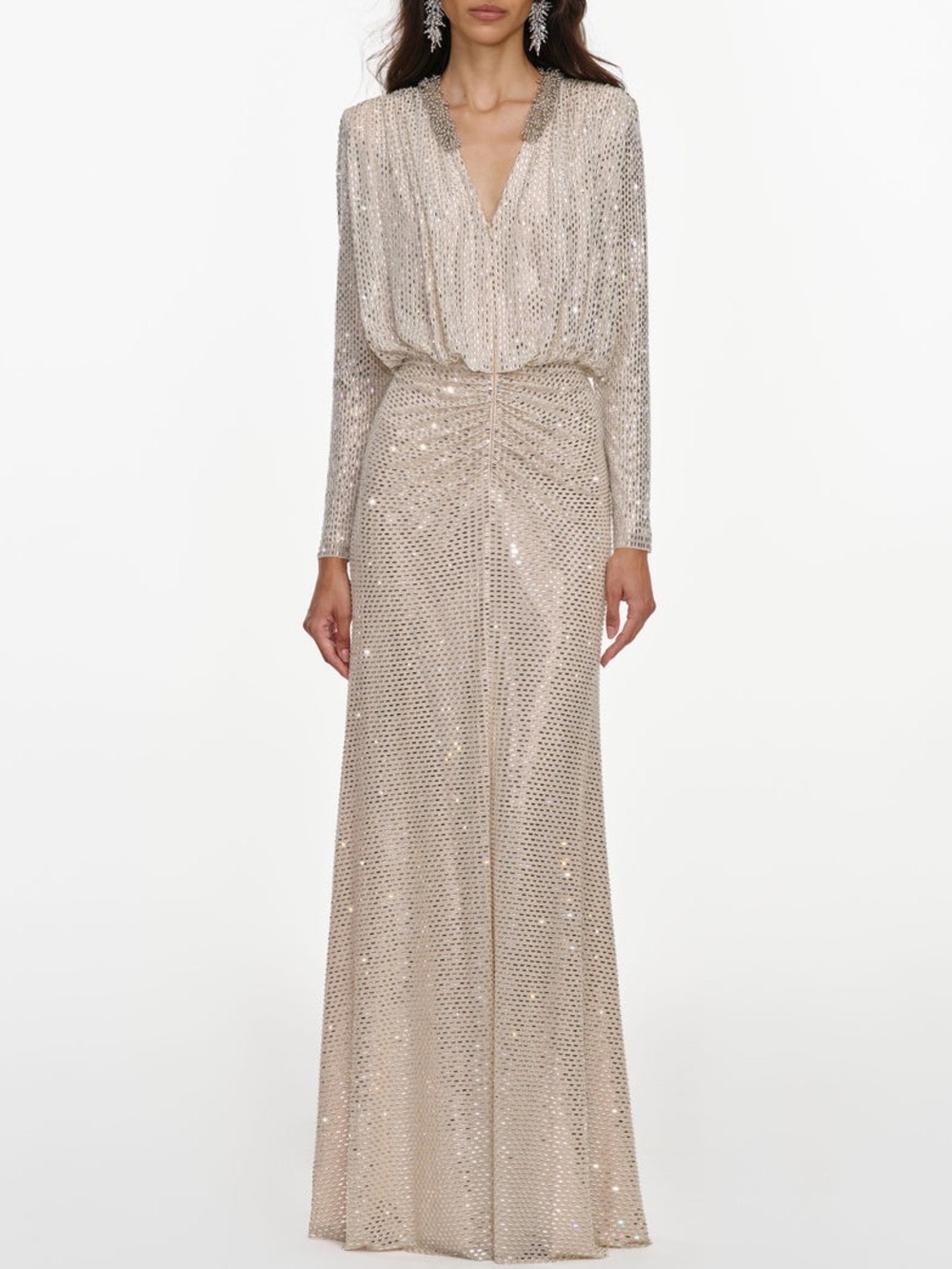 NWOT Self-Portrait Champagne Rhinestone Embellished Maxi Dress, US 0/2/4/6/8